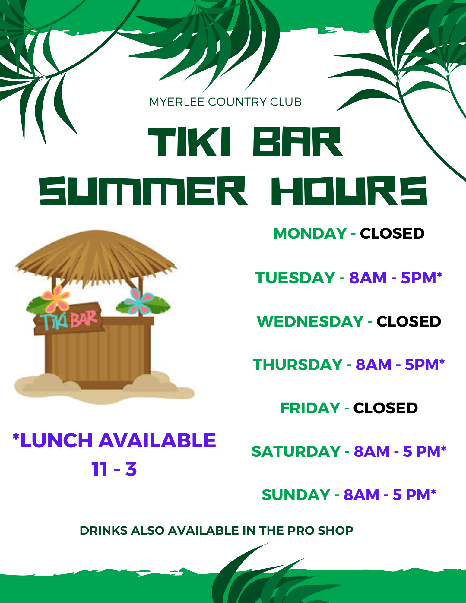 TIKI BAR SUMMER HOURS AND LUNCH 2026 FRIDAY